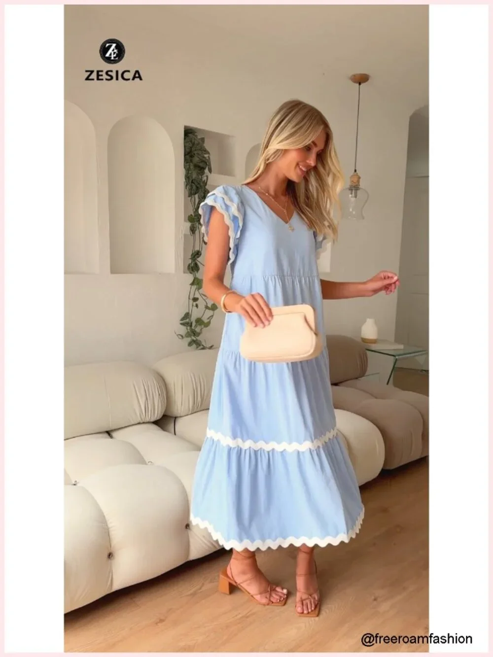 V Neck Flutter Short Sleeve Ruffle Tiered A Line Flowy Midi Dress Beach Casual